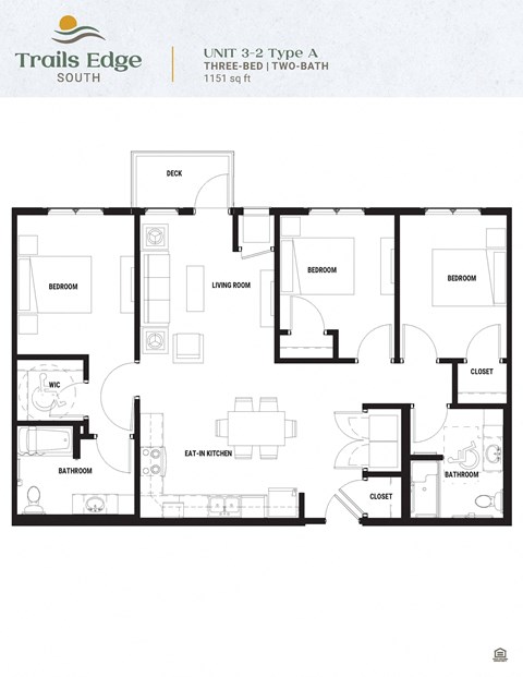 Floor plan for 3 beds, 2 baths, 1151 sqft